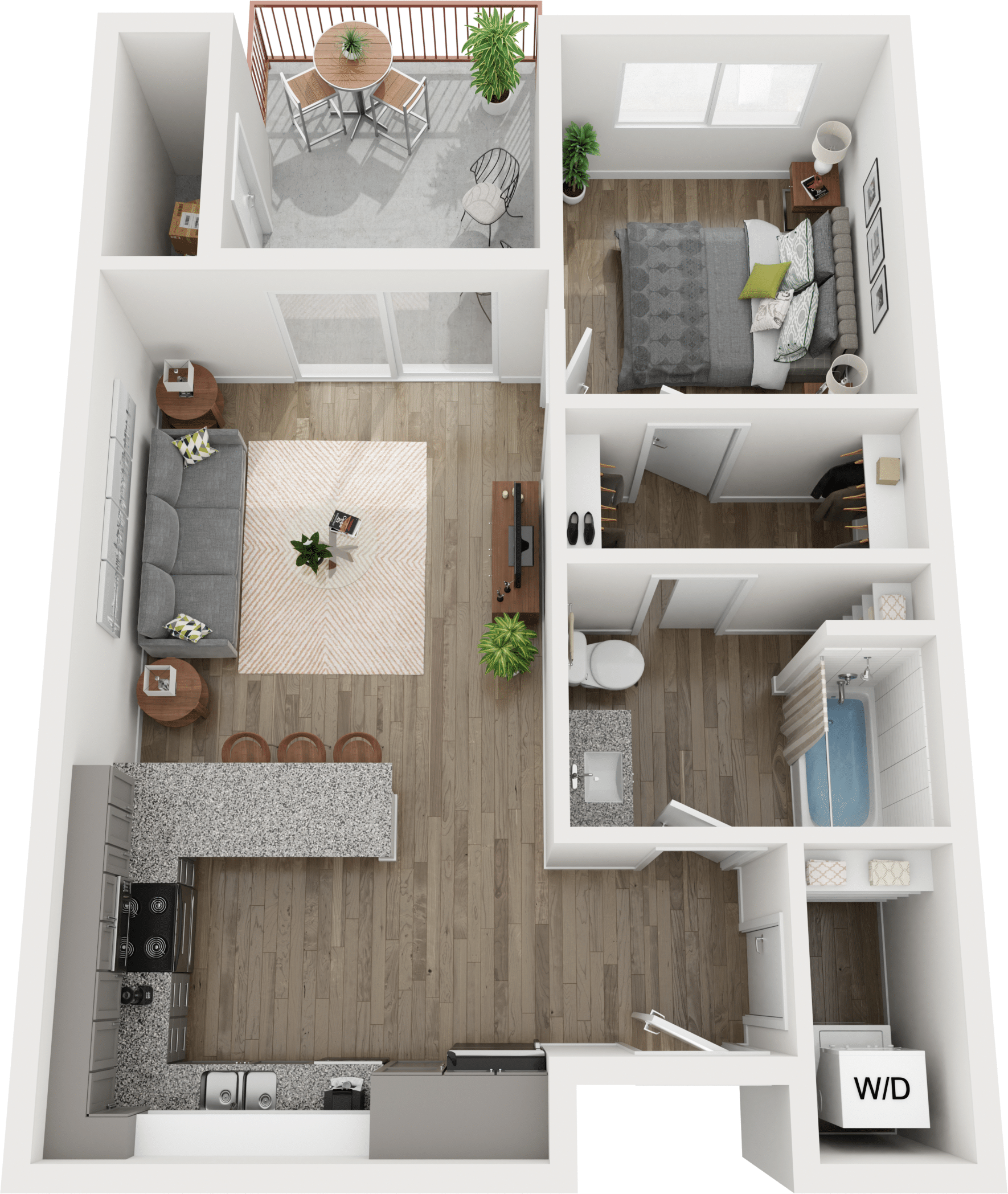 Floor plan for 1 bed, 1 bath, 615 sqft